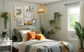 chambre décorée avec plantes, cadres et souvenirs sur murs vert clair