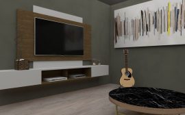 Stylish living room setup featuring a mounted TV, acoustic guitar, abstract art, and modern furniture design.