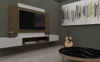 Stylish living room setup featuring a mounted TV, acoustic guitar, abstract art, and modern furniture design.