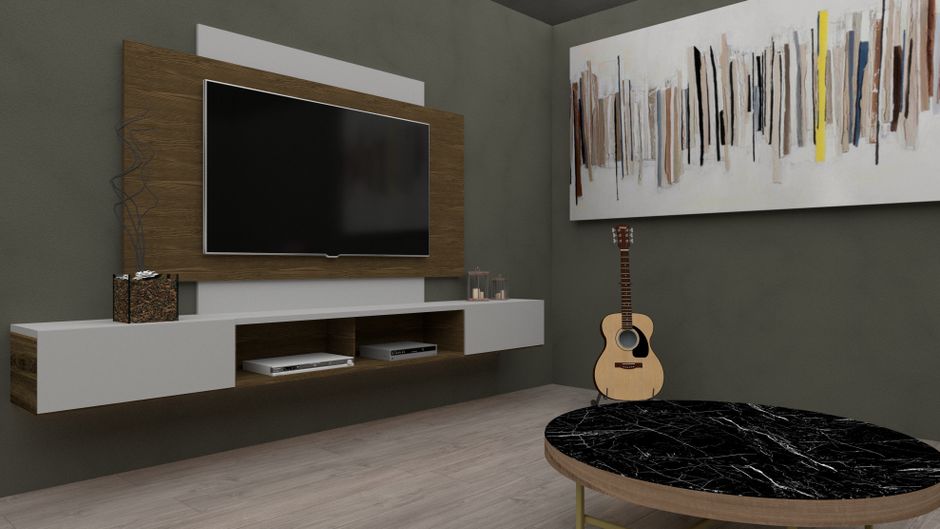 Stylish living room setup featuring a mounted TV, acoustic guitar, abstract art, and modern furniture design.