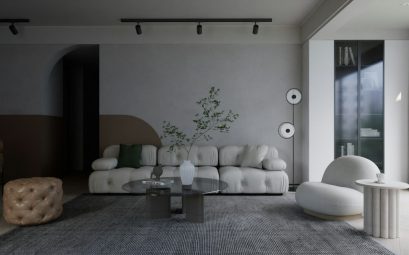a living room with a couch, chair, table and speakers