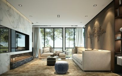 Modern living room with large windows and comfortable seating
